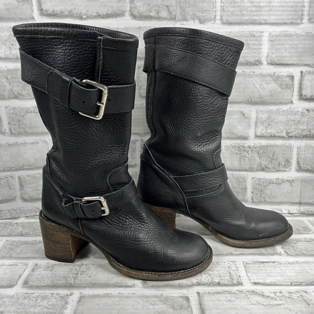 Bianco Easy Women 's 38 /7.5 US Black Leather Buckle Moto Mid Calf Chunky Boots - Picture 4 of 16